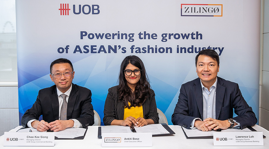 (From left) UOB Group Commercial Banking head of Industry Groups Choo Kee Siong; Zilingo CEO and co-founder Ankiti Bose; and UOB head of Group Business Banking Lawrence Loh