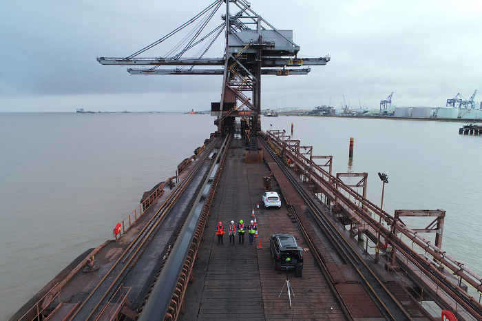 ABP worked with Aerodyne and PwC to build a cutting-edge drone visual asset management system which enables its teams to view asset condition dashboards. Pic shows ABP and Aerodyne colleagues on a jetty at Port of Immingham  on the east cost of England.