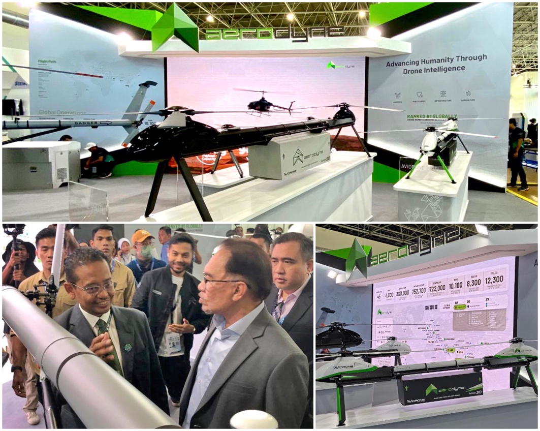 Top: Aerodyne’s Advanced Air Mobility Solutions at LIMA 2023. Bottom left: Malaysian Prime Minister Anwar Ibrahim with Kamarul A Muhamed, Founder and Group CEO of Aerodyne. Bottom right: Aerodyne’s Medium Lift drone 210TL.