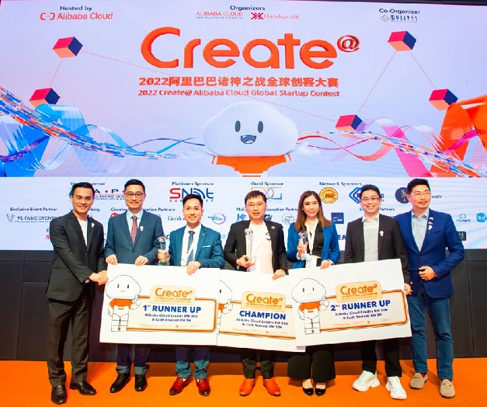 (From left) Andrew Thu, Organising Chairman of Create@ Global Startup Contest 2022; Kun Huang, General Manager of Malaysia, Alibaba Cloud Intelligence; Ley KamThong, CEO of Checkinme; Nicholas Yap, CFO of Parkit Solution; Sumin Lim, CEO of IWG Esports; Au Yeong Shong Kwong, General Manager for Cainiao eHub Malaysia and Lim Wern Siang, Managing Director Of HandsProfit.