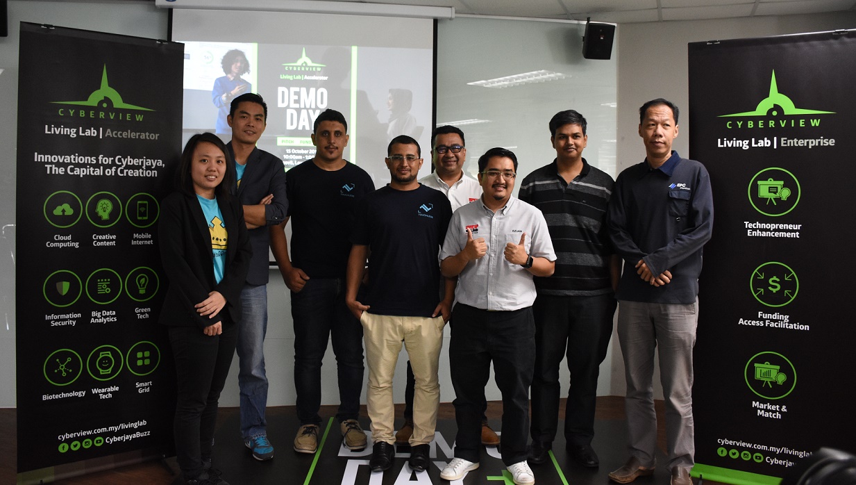Cyberview Living Lab Accelerator 2018 Demo Day saw five startups present their solutions. They are (from left) CheQQme, Touchless, MedKad, BeeBotic, EPC Blockchain