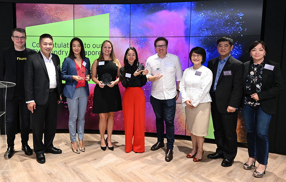 (From left) EY Asia-Pacific tax innovation leader Jon Dobell; Ernst & Young LLP Singapore and Brunei country managing partner Max Loh; Narus Knowledge CEO Flora Suen-Krujatz; Notarum CEO Angela Conroy; Regit CEO Cindy Nguyen; Staple AI co-founder and CEO Ben Stein; EY Asia-Pacific tax leader Yeo Eng Ping; Ernst & Young Advisory Pte Ltd head of Advisory Cheang Wai Keat; and Ernst & Young Solutions LLP head of Tax Services Soh Pui Ming