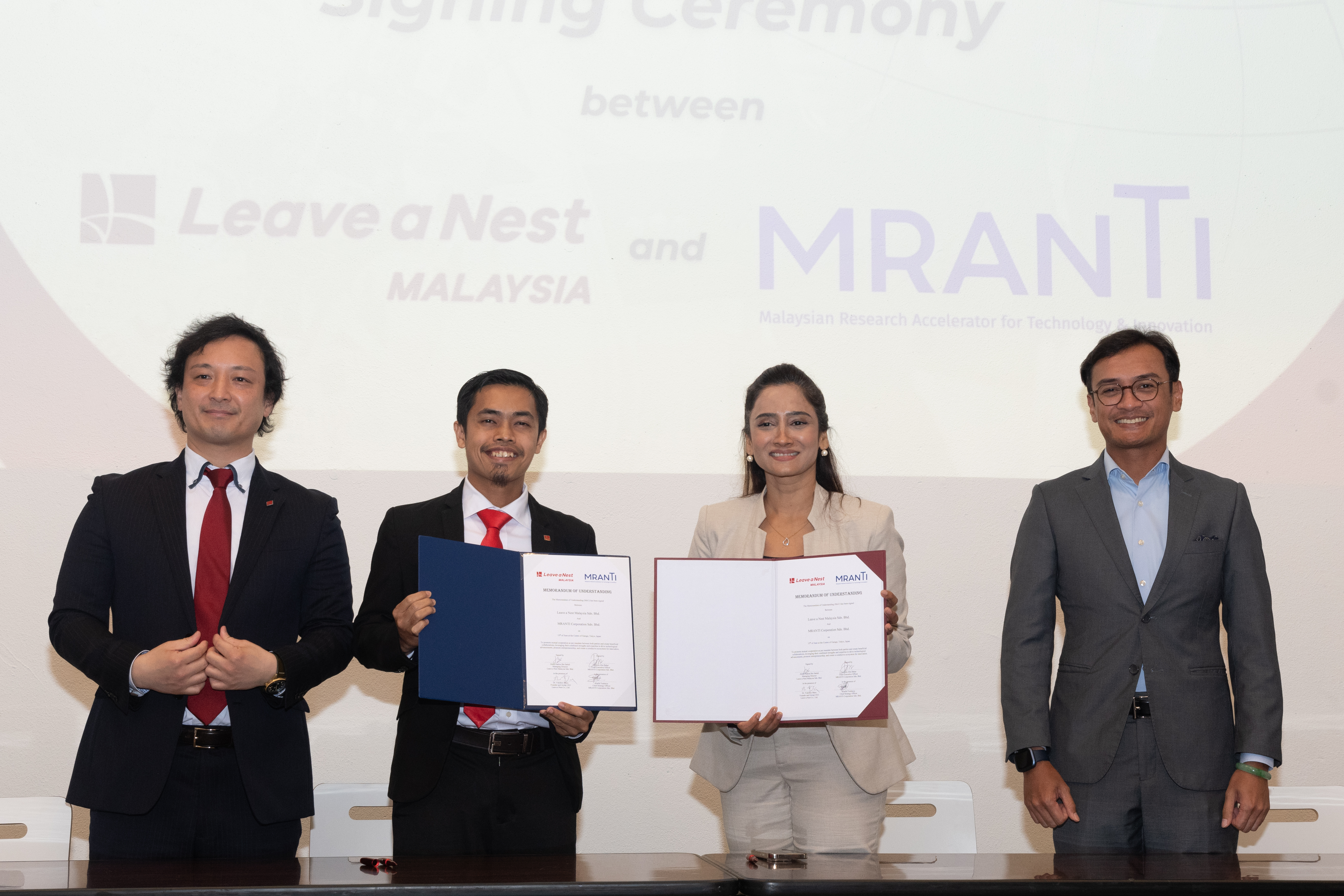 (L to R) Yukihiro Maru, founder and Group CEO of Leave a Nest; Abdul Hakim Sahidi, MD of Leave a Nest Malaysia; Dzuleira Abu Bakar, CEO of MRANTI; and Khalid Yashaiya, CSO of MRANTI.