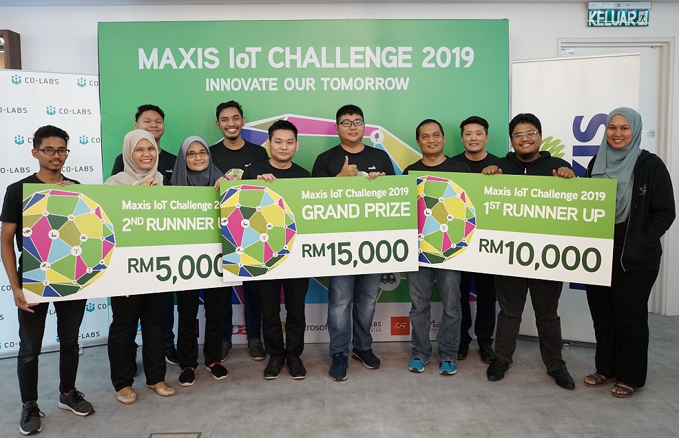 The Top 3 winners of the Maxis IoT Challenge (from left) DiTack; Momoku; and Vectolabs Technologies