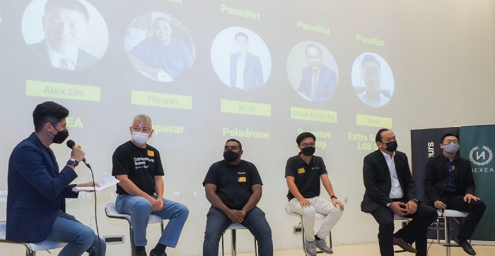A panel held on startup-corporate partnerships in Kuala Lumpur, hosted by NEXEA. From left: Moderator, Nash Mohamad of Entrusol, Alex Lim of NEXEA, Thinesh Kumar, founder/CEO of Lapasar, Jin Xi Cheong, founde/CEO of Poladrone and Eddie Ng, CEO of Revenue Group and and Kevin Teoh from Exitra/LGB.