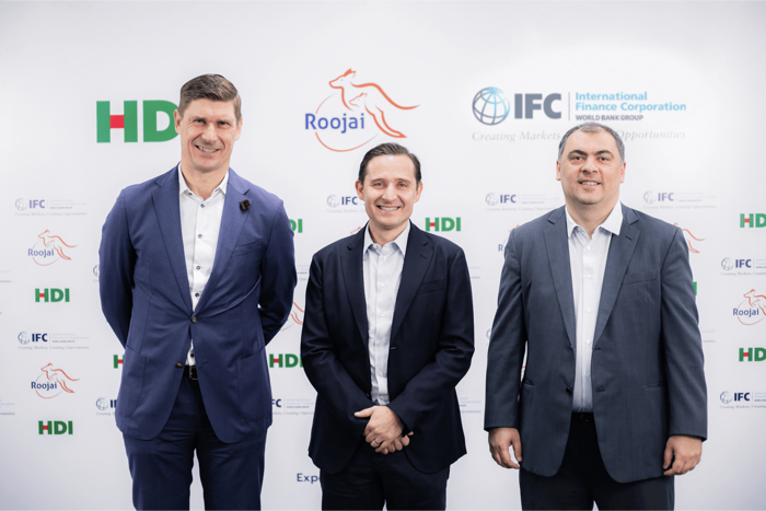 (L to R): Christian Muller, Member of the Management Board, HDI International AG; Nicolas Faquet, Group CEO & Founder, Roojai; Levan Shalamberidze, East Asia Equity Lead, FIG and Insurtech, IFC