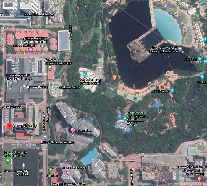Satellite view of Sunway City with the university represented by the red dot at the bottem left corner. Sunway FutureX, where 42KL will be located, will be a 5-min walk from campus.