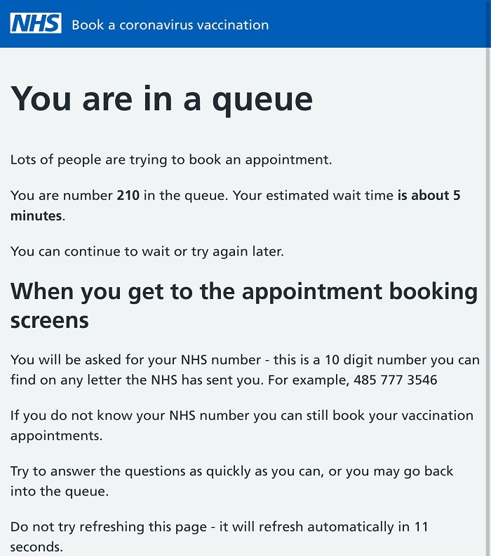 England's NHS also adopted an online vaccine registration system. When a person attempts to register, they are given a number, shown their position in the queue, the estimated wait time, and given the option to stay in line or try again later. Malaysia opted for the pray & cuss method.