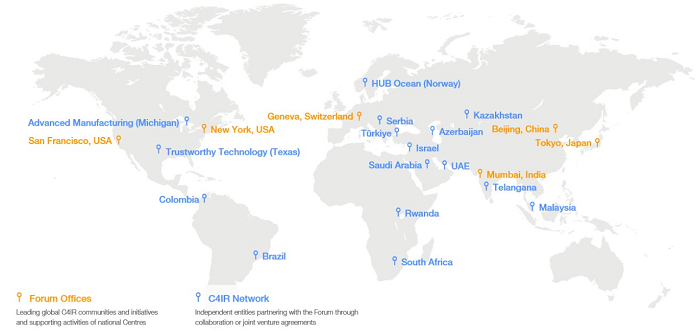 The various Centres for 4IR network by the World Economic Forum.